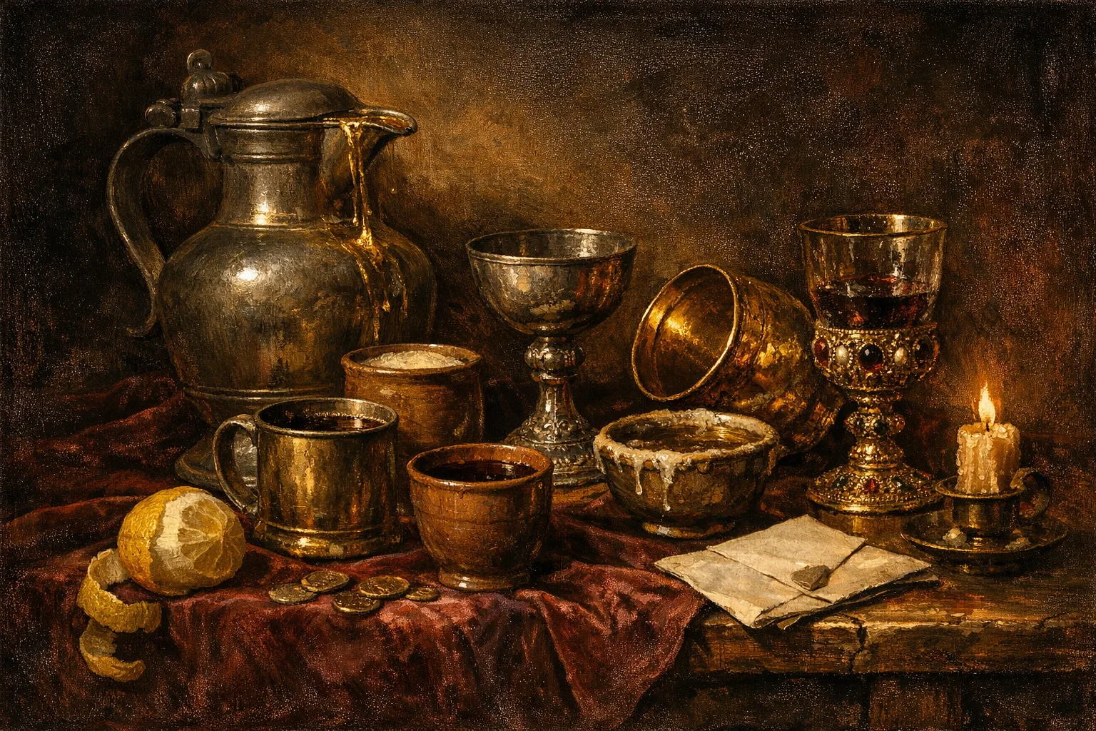 Baroque oil painting still life of seven ornate vessels and goblets of varying sizes on a velvet-draped table, some full and overflowing, some nearly empty, lit with dramatic warm Rembrandt lighting and deep shadows