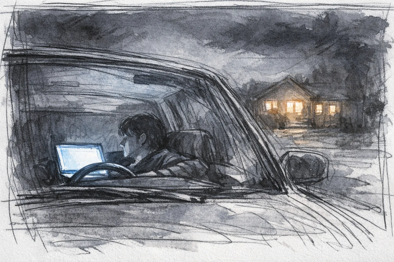 Sketch illustration of a person sitting alone in a parked car at night, lit by a laptop screen, with a warmly glowing house visible in the background
