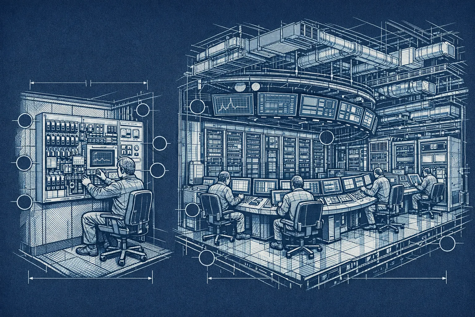 Technical blueprint illustration comparing a compact self-operated control panel on the left with a large staffed industrial operations center on the right, representing the difference between DIY payroll software and a fully managed PEO service