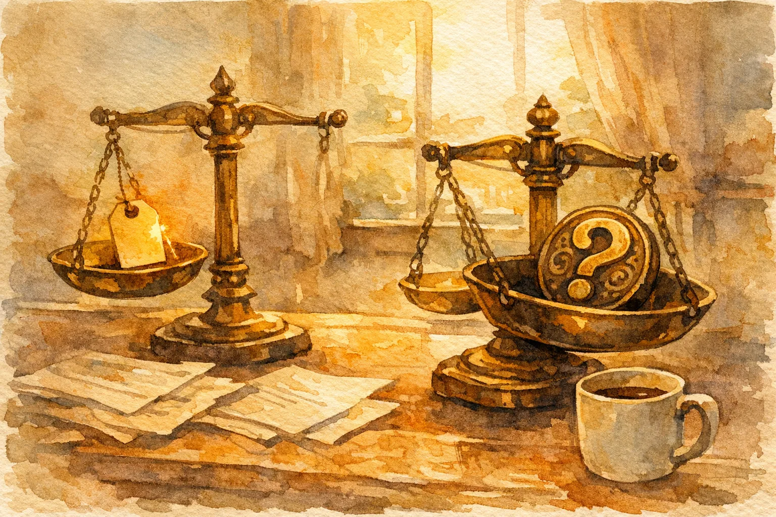 Watercolor illustration of two brass balance scales on a wooden desk, one holding a price tag and one holding a question mark token, with warm morning light and a coffee mug nearby