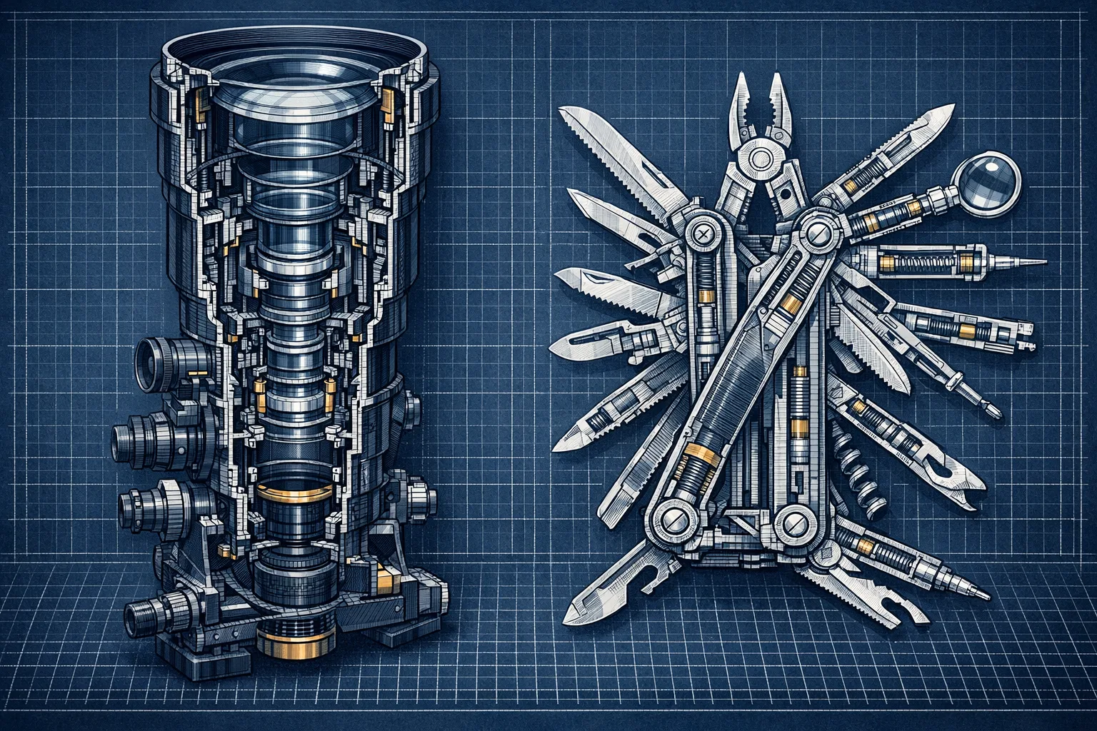 Technical blueprint cross-section illustration comparing a precision telescope and a complex multi-tool instrument side by side, rendered in detailed engineering schematic style with hatched linework on a dark drafting background