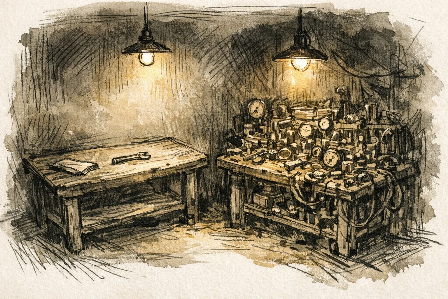 Sketch illustration of two contrasting workbenches in a dimly lit garage, one minimal and clean, one covered in dials and tools, representing the choice between simplicity and control in cold email software