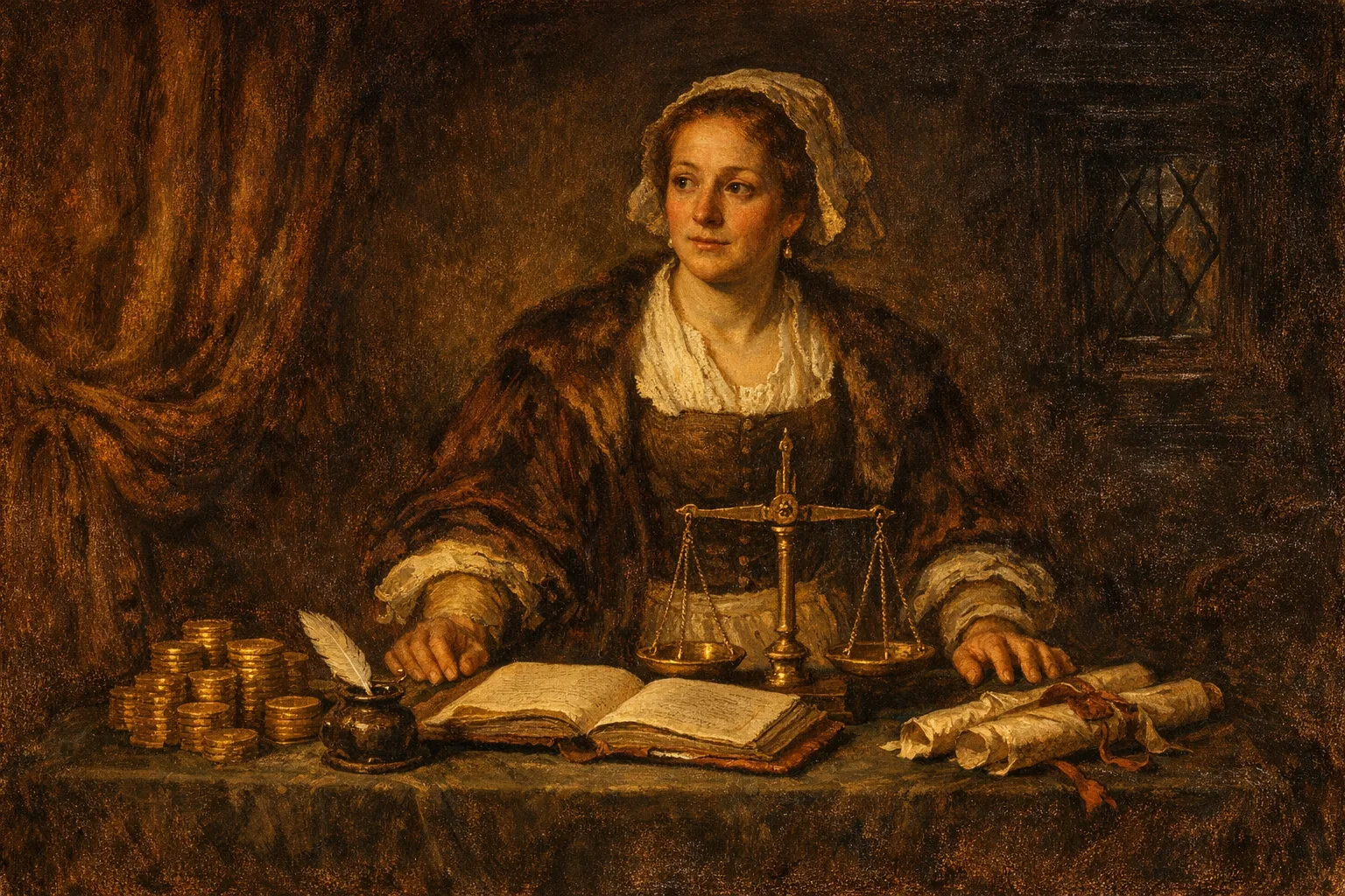 Baroque oil painting of a woman in merchant dress standing at a candlelit counting table with balanced scales, gold coins, and an open ledger, looking calm but mildly uncertain
