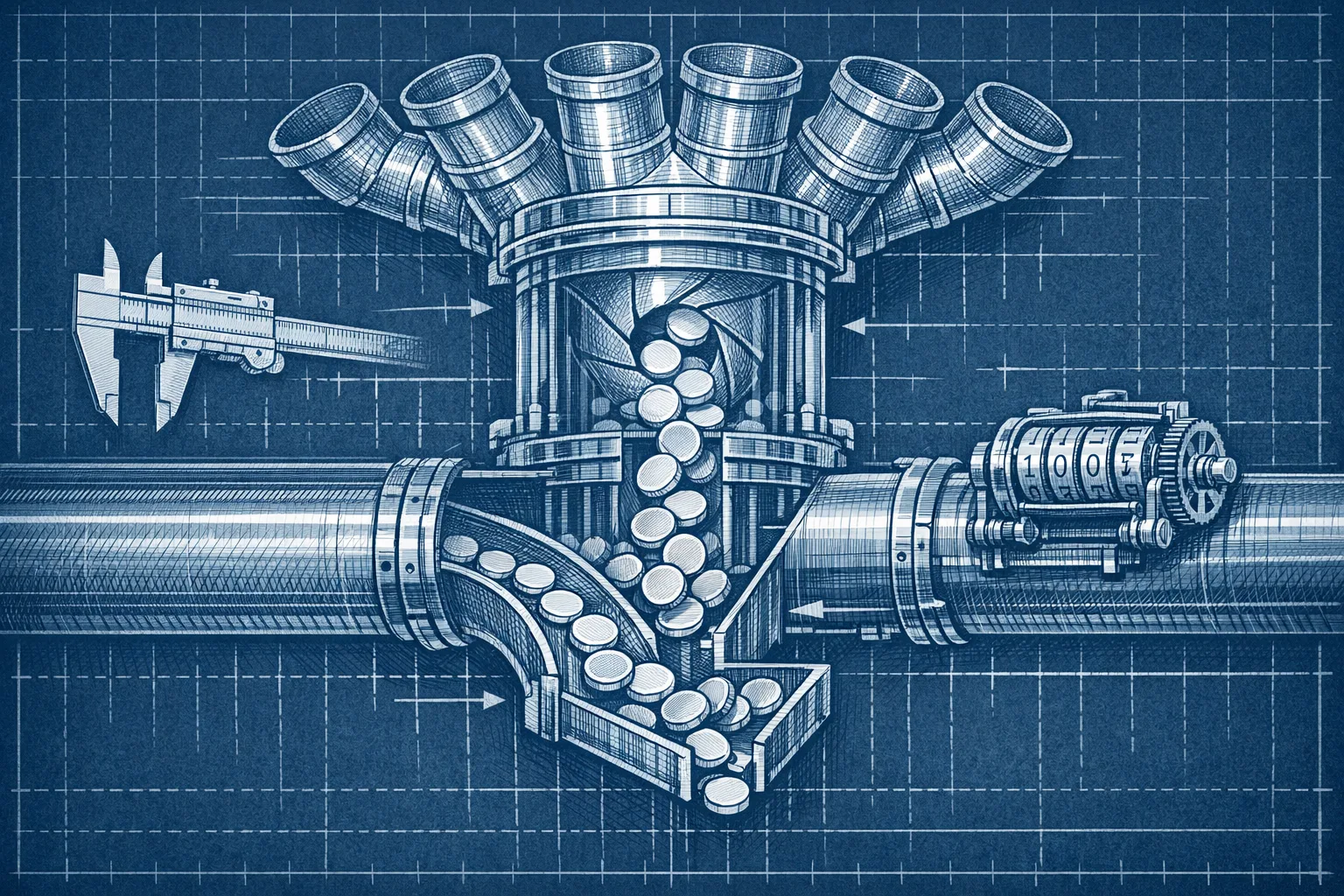 Technical blueprint cross-section illustration of an industrial pipe and funnel system with multiple intake valves, a central inspection chamber showing aligned and misaligned items passing through, and dual exit channels separating acceptable from rejected outputs