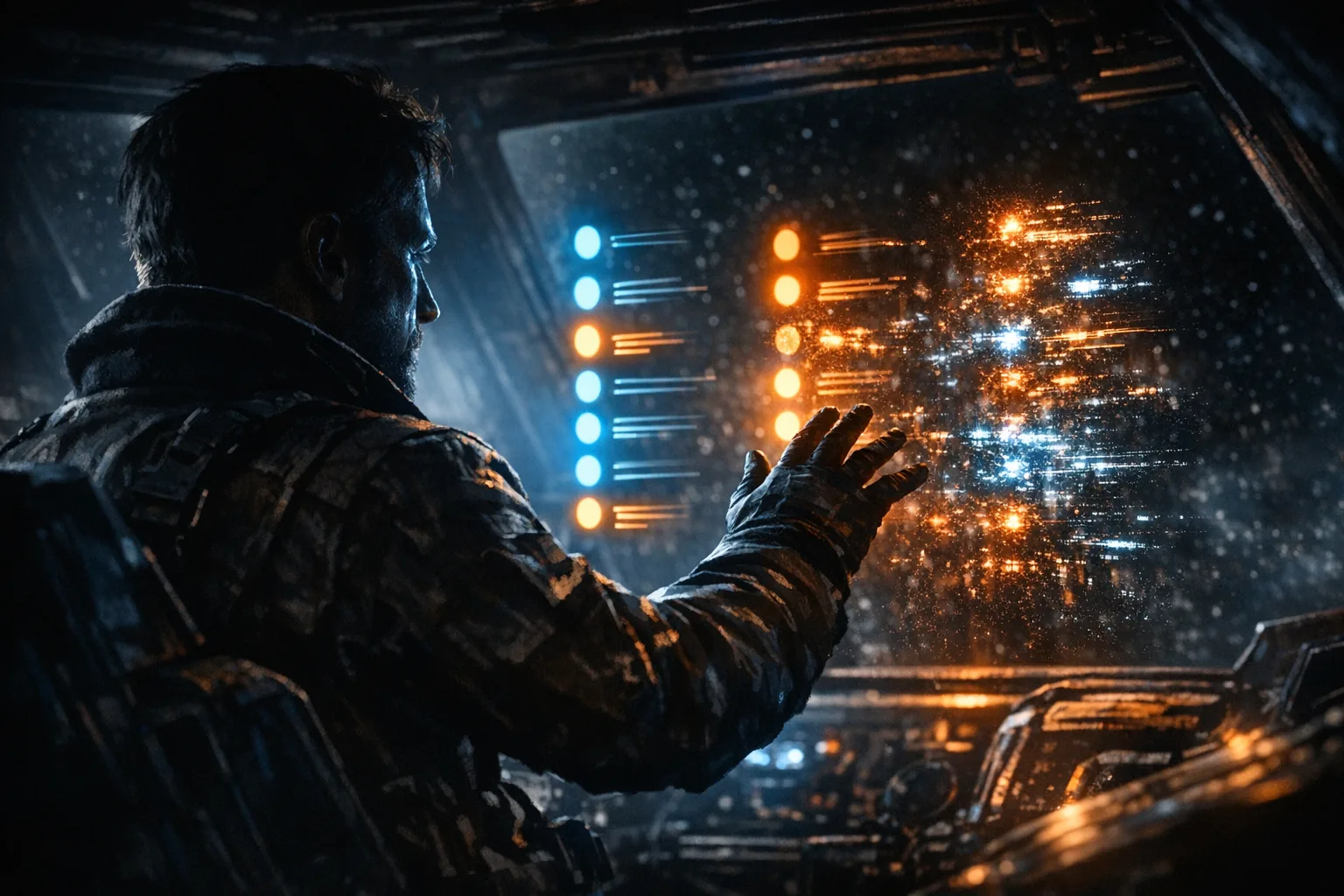 Cinematic sci-fi illustration of a pilot in a starship cockpit examining a holographic contact display where half the data points glow clearly and the other half flicker into static, representing mixed data accuracy in a prospecting tool