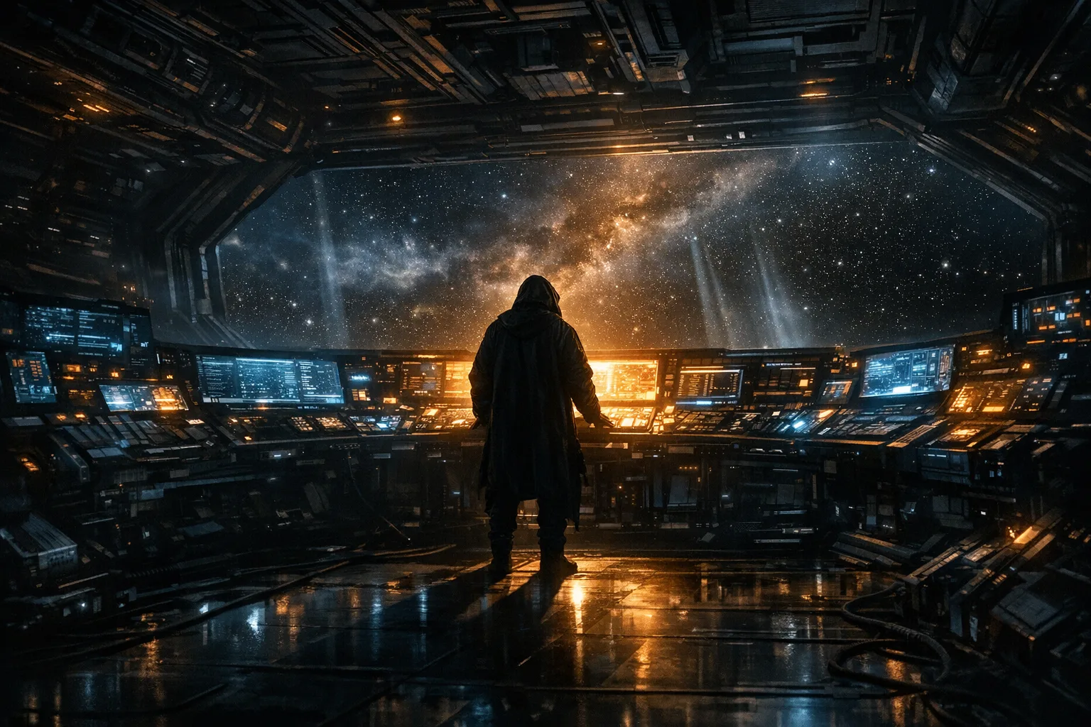 Lone technician at an illuminated starship control console surrounded by glowing data screens with deep space visible through a panoramic viewport, dramatic cinematic lighting