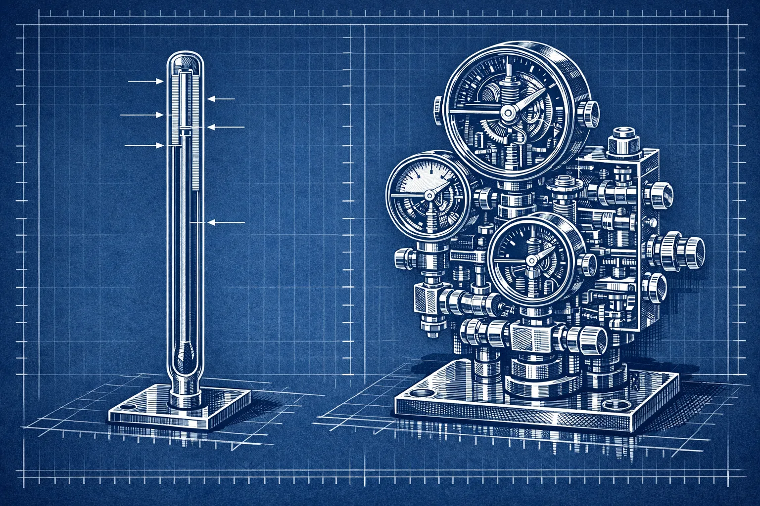 Technical blueprint cross-section illustration comparing a simple thermometer and a complex multi-gauge pressure instrument side by side, representing ease of use versus precision control in landing page builder tools
