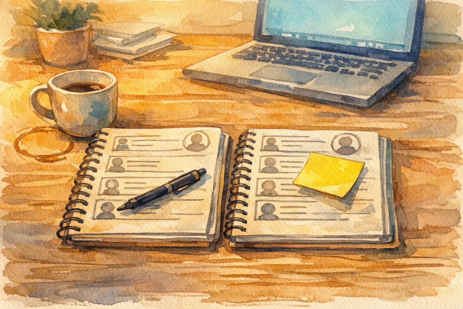 Illustration of two nearly identical open notebooks on a wooden desk with a misplaced sticky note, a coffee mug, and a glowing laptop in the background, representing the confusion of managing duplicate contact lists in a sales prospecting tool