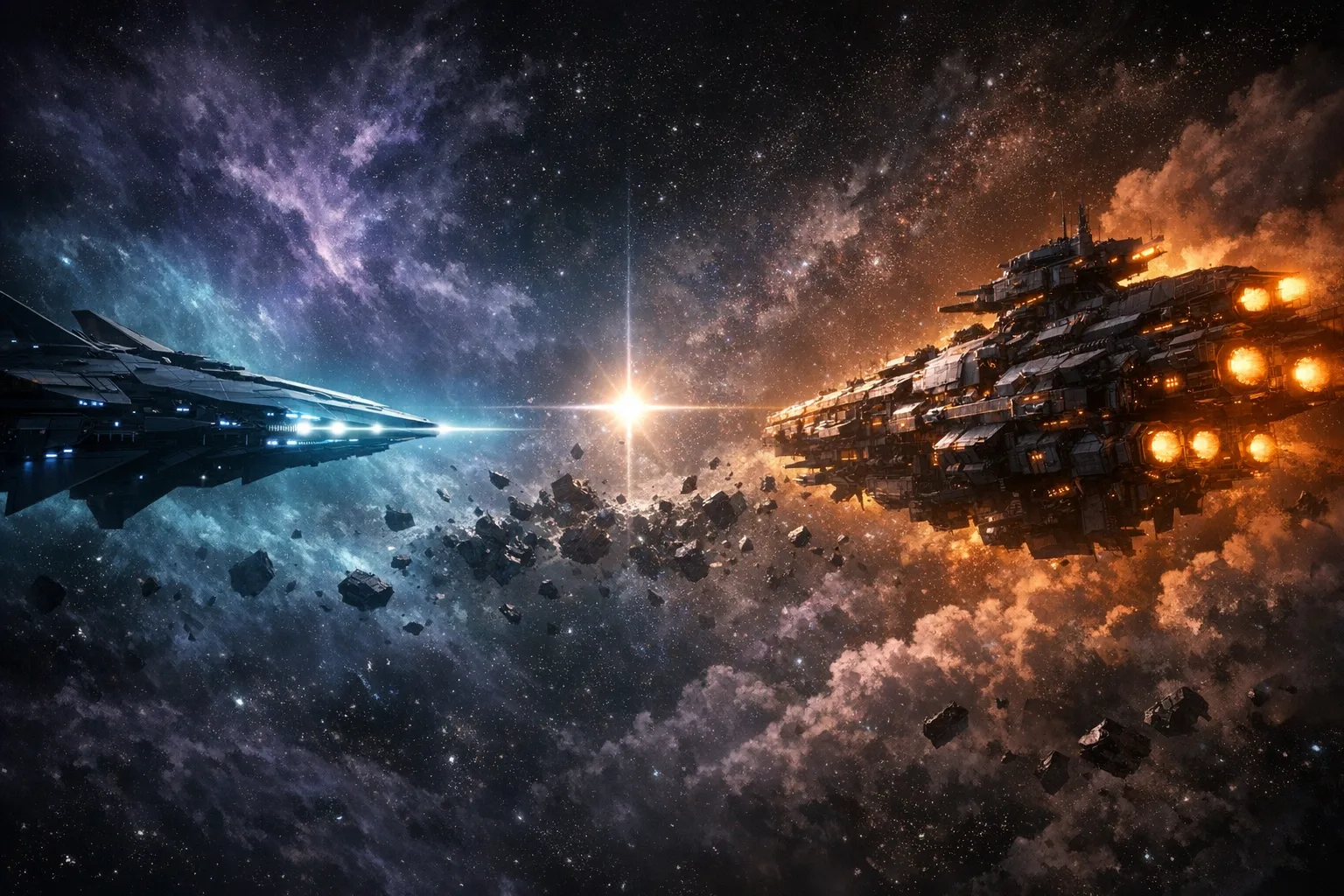 Two rival sci-fi capital starships facing off in deep space, one sleek and precise with blue-white glow, one massive and armored with amber engine light, dramatic nebula background