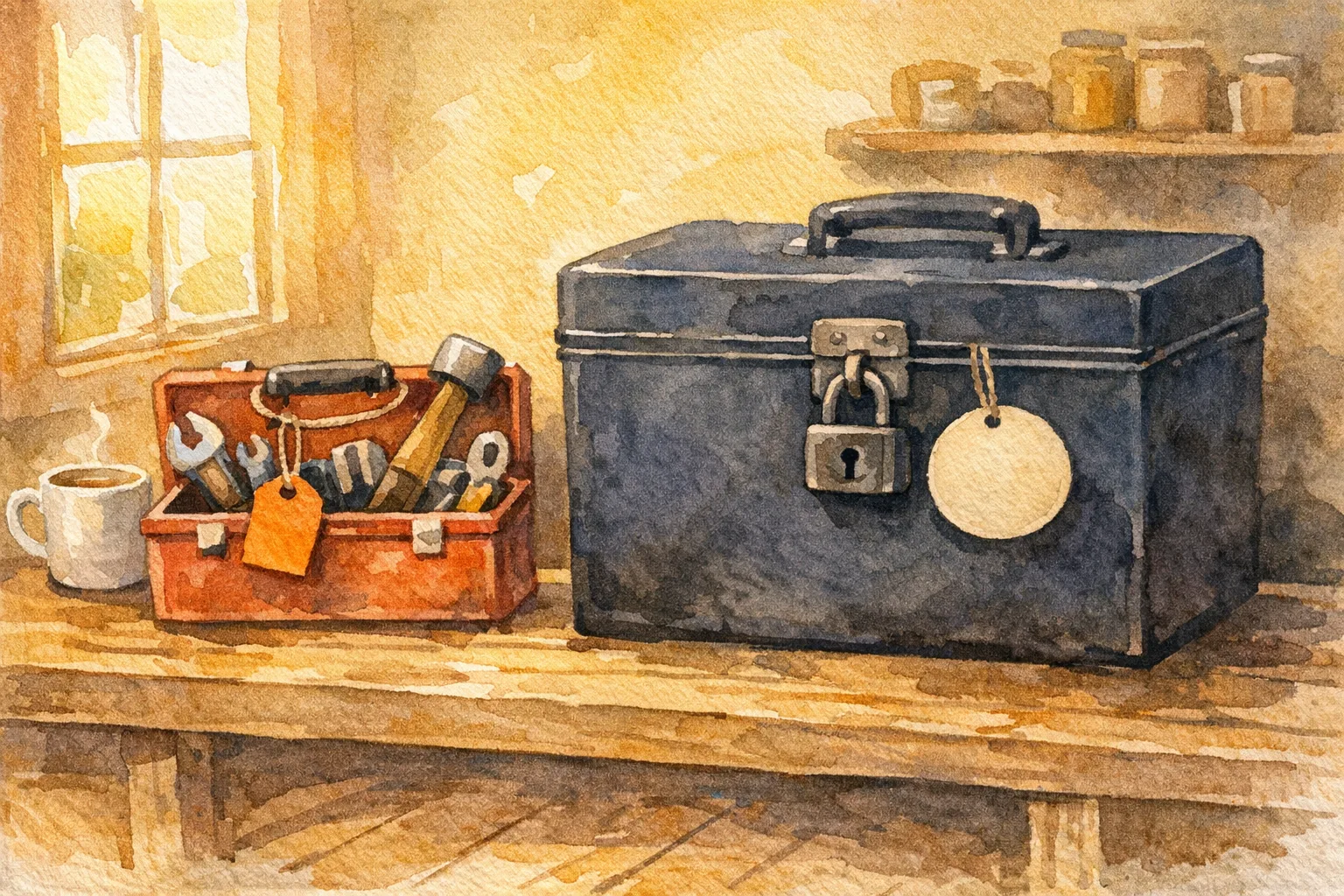 Watercolor illustration of two toolboxes on a workbench, one small and open with a price tag, one large and padlocked shut with a blank tag, representing transparent versus opaque software pricing