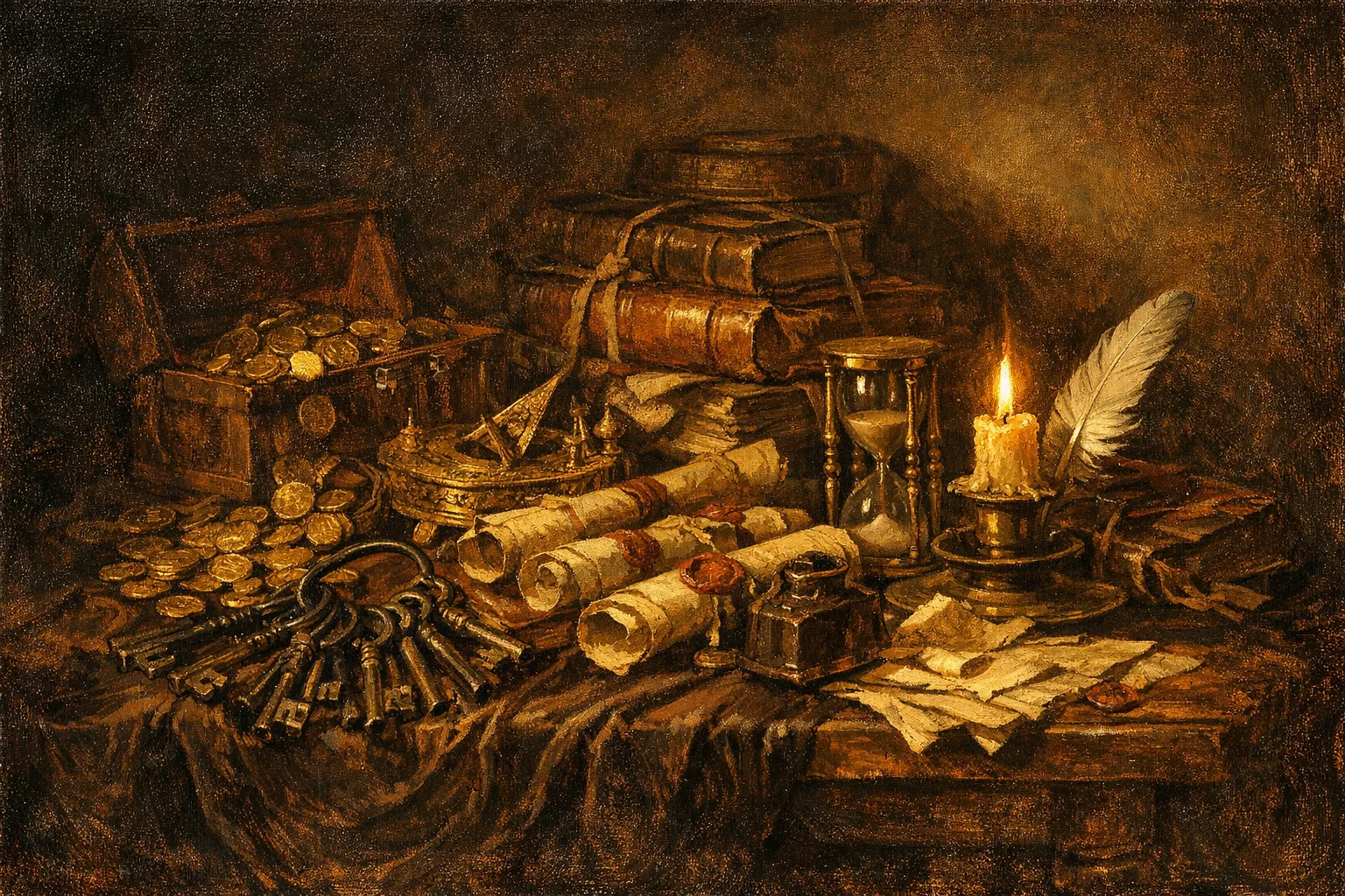 Baroque oil painting still life of gilded instruments, ledgers, hourglasses, and scattered coins on a candlelit velvet-draped table, representing the complexity and cost layers of a feature-rich work management platform