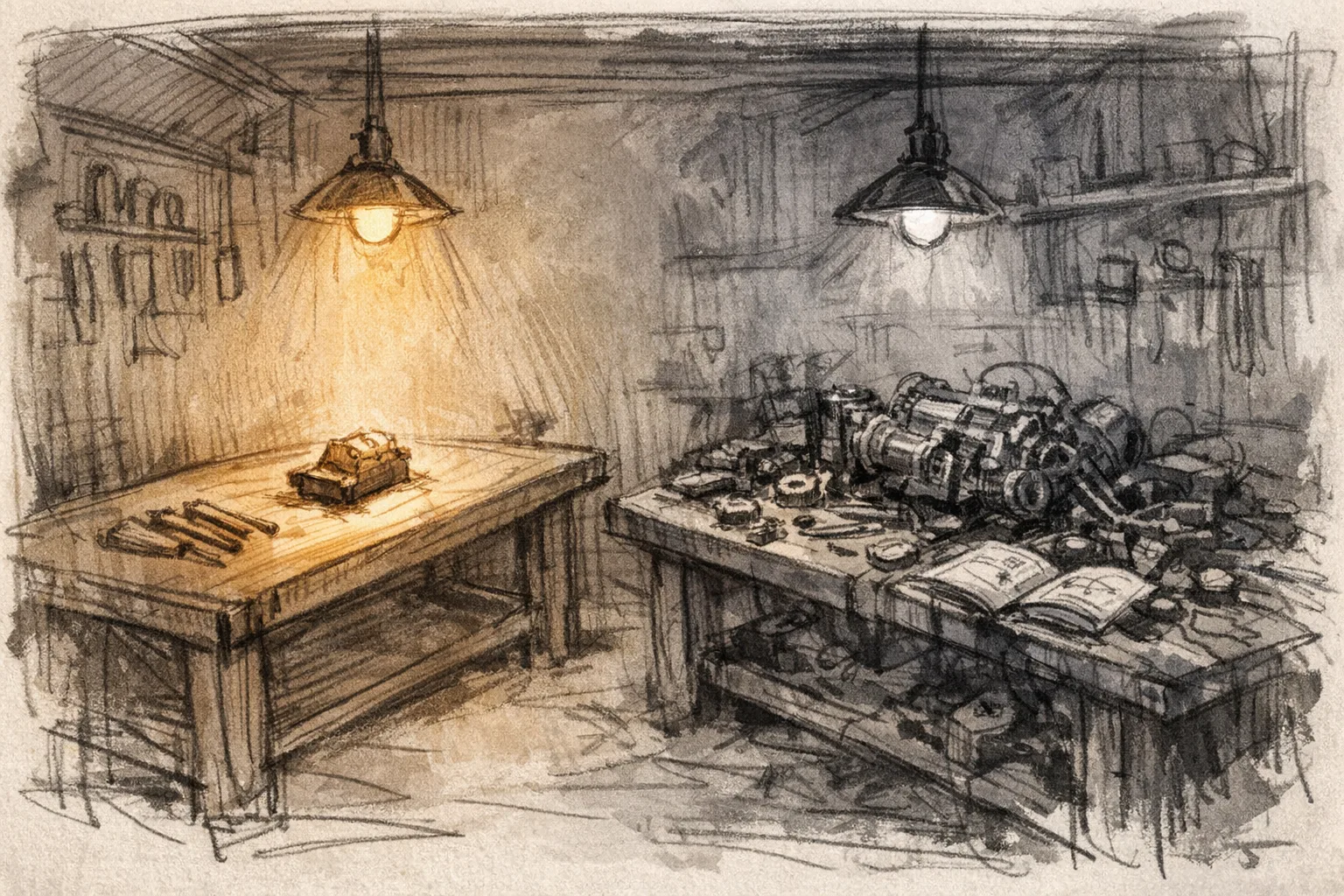 Sketch illustration of two workbenches side by side in a dim garage - one clean and immediately ready to use, one covered in complex half-assembled parts mid-build, lit by a single hanging bulb