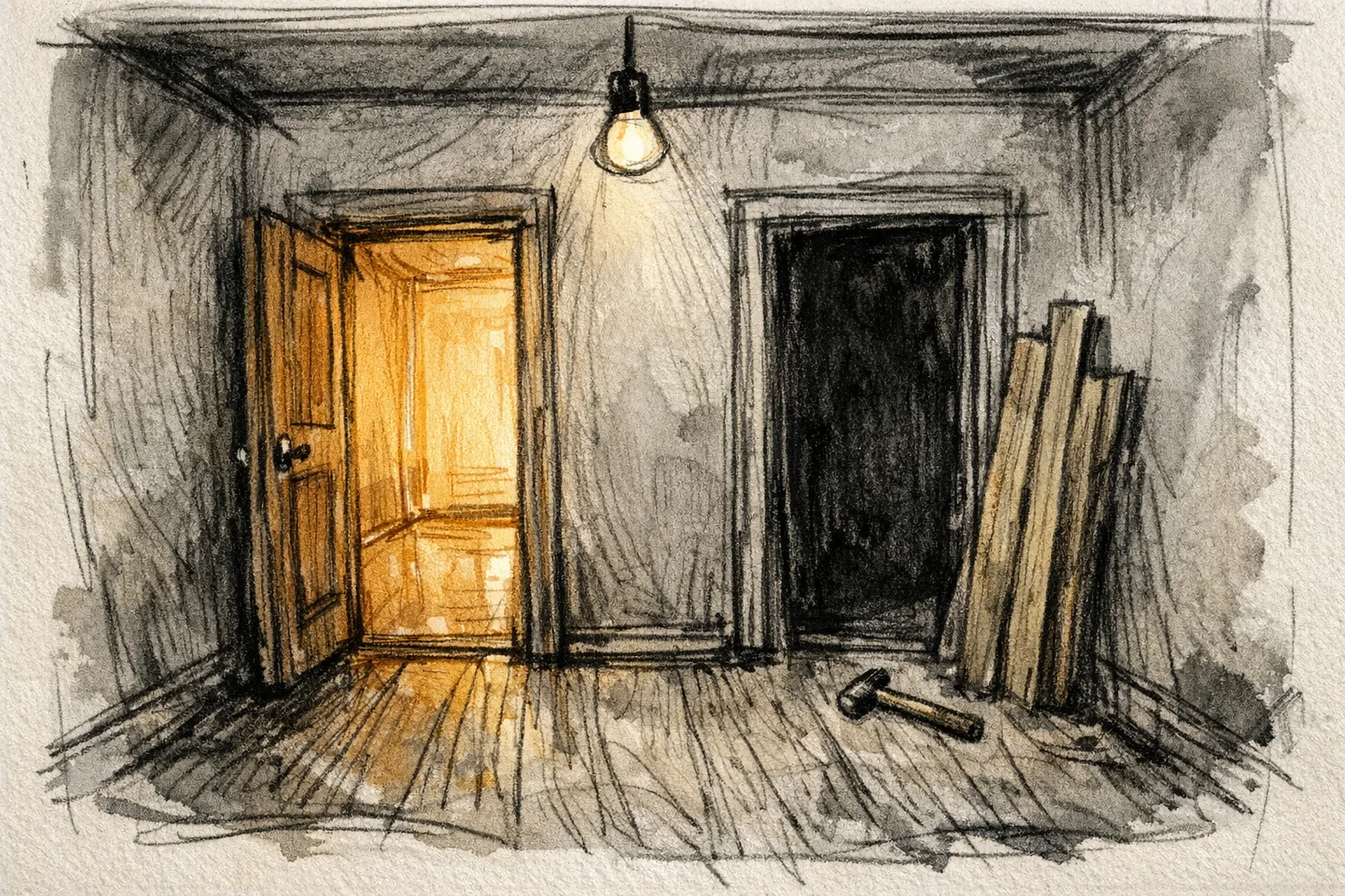 Expressive pencil and ink sketch of a hallway with two doorways - one open with warm light inside, one unfinished with raw planks and a hammer on the floor