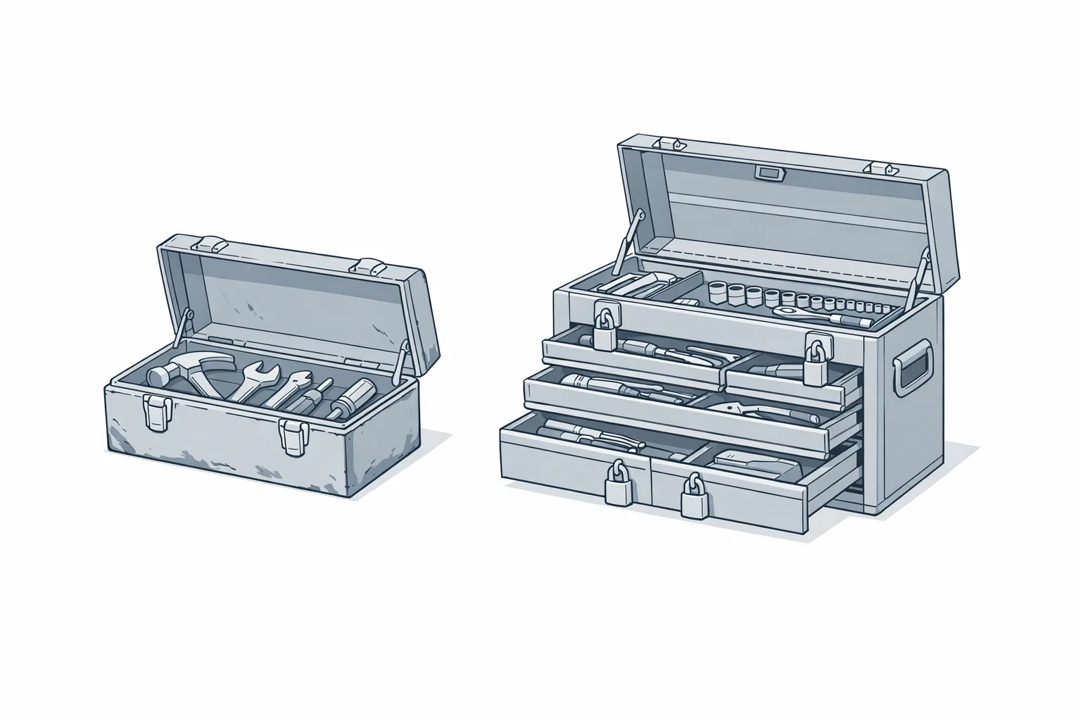 Illustration of two toolboxes side by side - a small open toolbox with basic tools and a larger multi-drawer toolbox with some compartments locked, representing the capability and complexity differences between Trello and monday.com