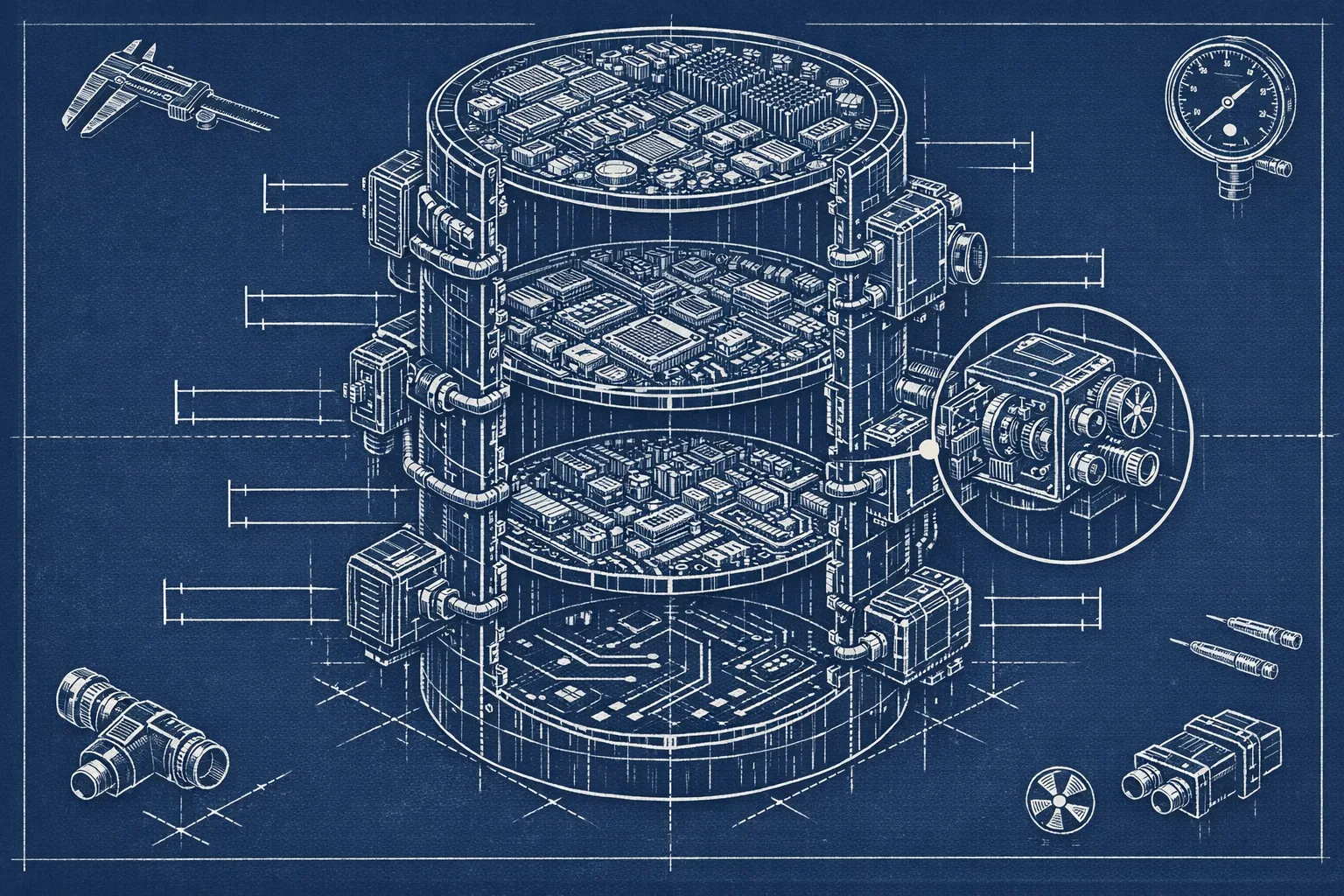 Technical blueprint cross-section illustration of a server tower sliced open to reveal three distinct internal strata layers of increasing complexity, with modular extension pods bolted onto the exterior shell, rendered in precise isometric drafting style on navy background