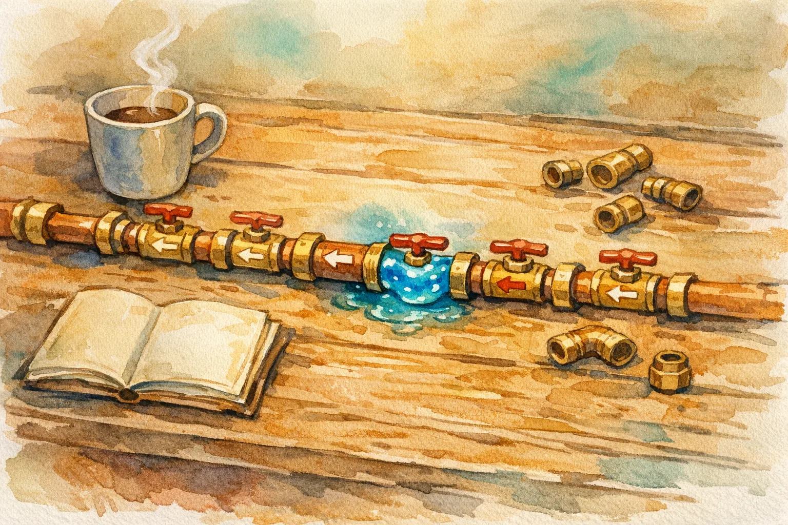 Watercolor illustration of copper pipes on a workbench with one section installed backwards, glowing liquid backing up at the reversed joint, coffee mug and open notebook nearby