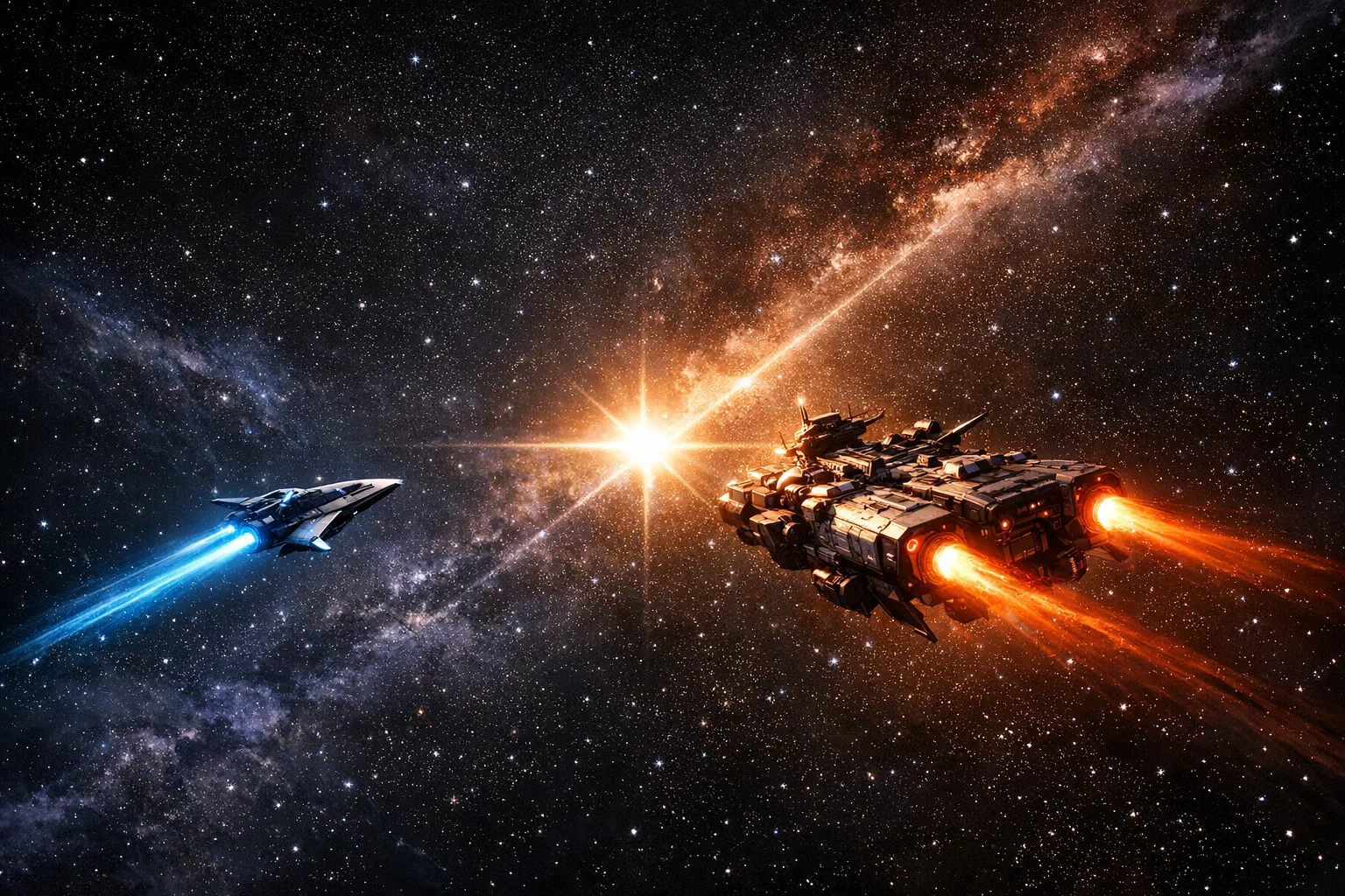 Two starships diverging into opposite paths through deep space, one small and precise with blue engine glow, one massive and heavily armed with orange-red thrust, dramatic cinematic lighting against a dark star field