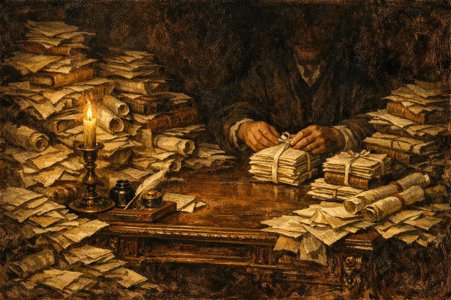 Baroque oil painting of a candlelit writing desk overwhelmed with stacked letters and envelopes being sorted by a pair of hands, representing inbox overload and the process of email cleanup