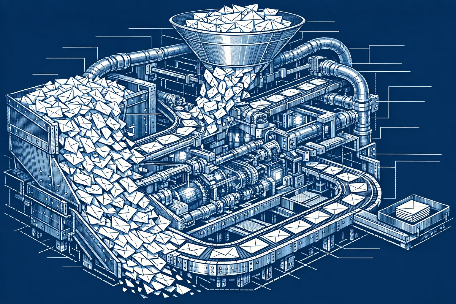 Technical blueprint cross-section illustration of an industrial mail sorting machine with conveyor belts routing envelopes from a chaotic overflowing intake bin on the left to a small neat output tray on the right, shown in detailed engineering diagram style with navy blue background and white linework