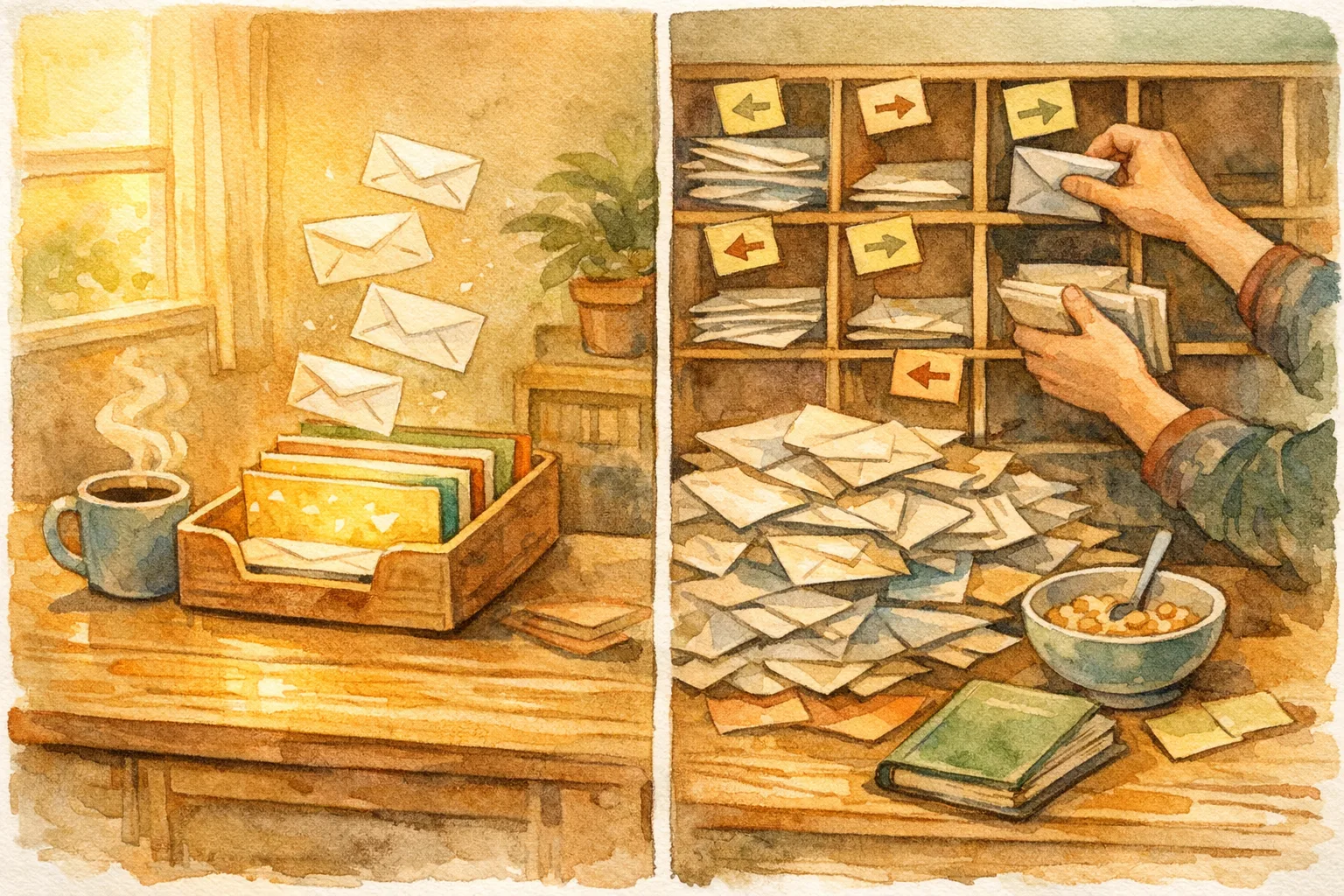 Illustration showing two contrasting email management approaches - an autonomous self-sorting inbox on one side and a person manually organizing emails into labeled cubbyholes on the other, representing passive AI filtering versus active rule-based email management