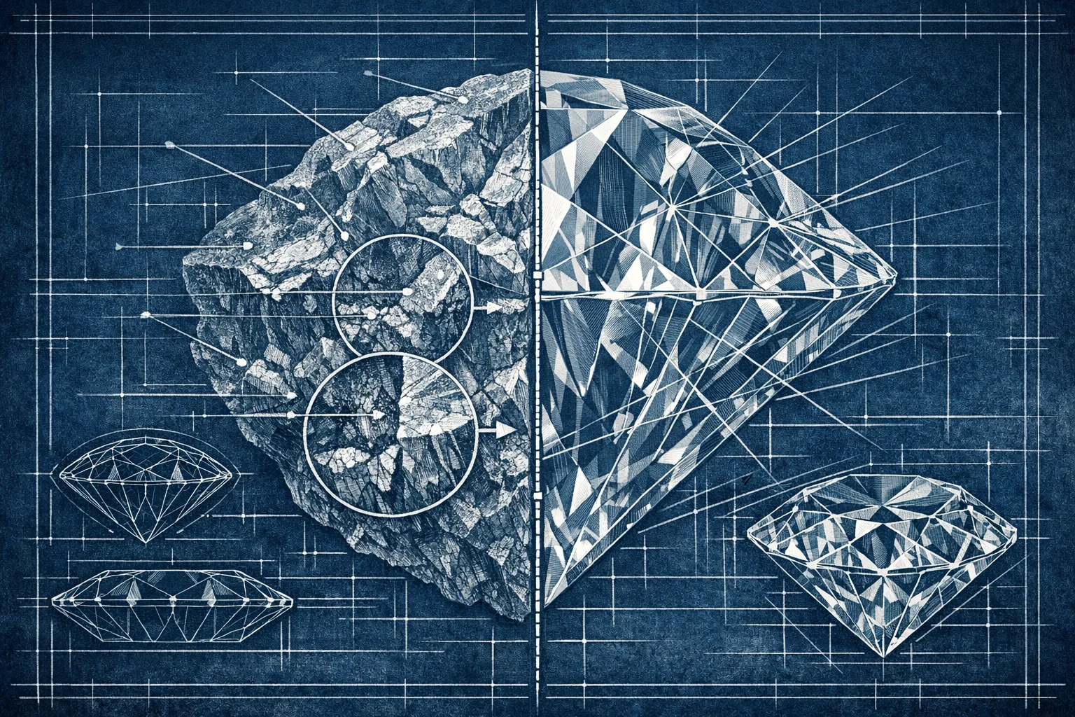 Technical blueprint cross-section illustration of a gemstone split down the center, left half raw and uncut with rough jagged surfaces, right half a perfectly faceted brilliant-cut diamond with precise geometric angles and light ray paths shown in engineering drawing style