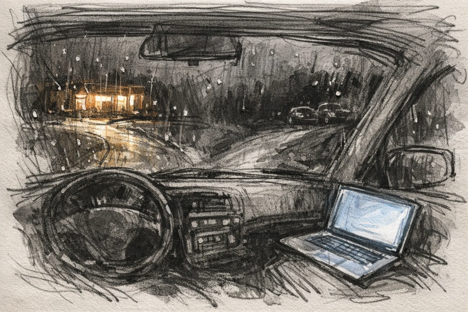 Sketch illustration of a nighttime parking lot viewed from inside a car, with an open laptop on the passenger seat and two paths diverging into darkness outside a rain-streaked windshield