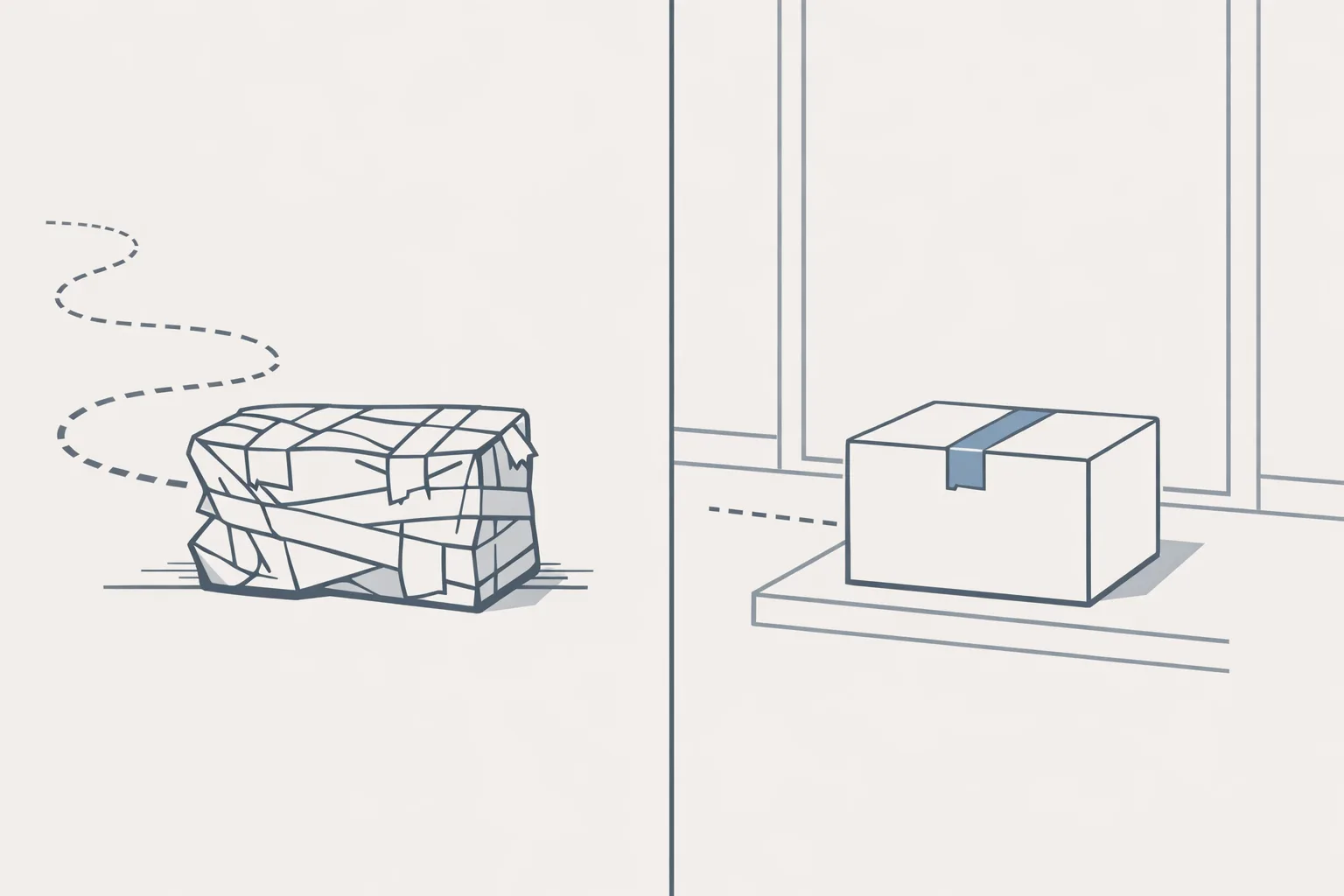 Minimal technical illustration comparing two shipping boxes - one crumpled with a long winding path representing slow international shipping, and one clean and crisp with a short direct path representing fast US and EU supplier delivery