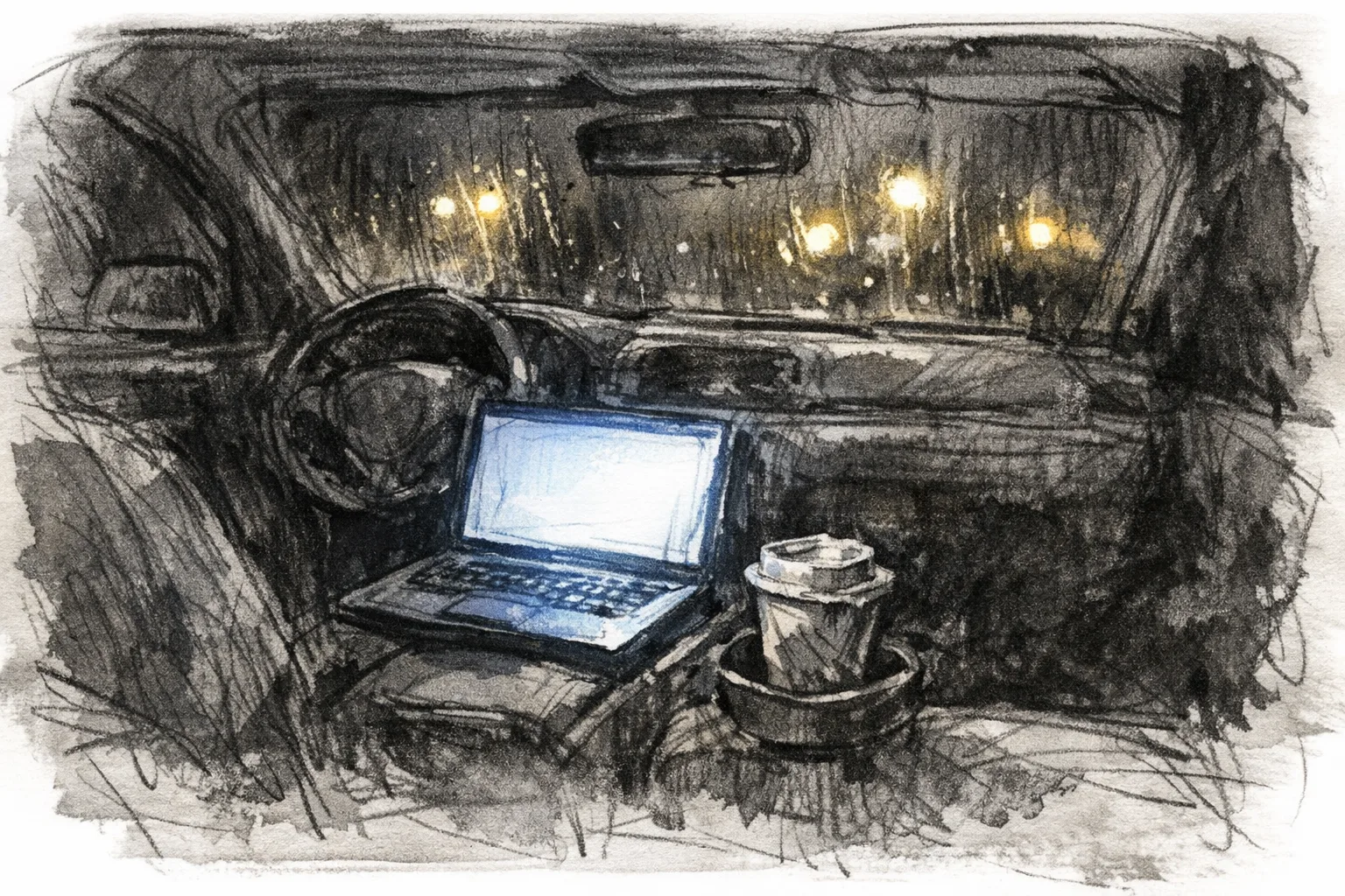 Expressive pencil and ink sketch of a laptop glowing open on a car center console at night, rain on the windshield, coffee cup in the cupholder, shadows heavy and uneven around the bright screen