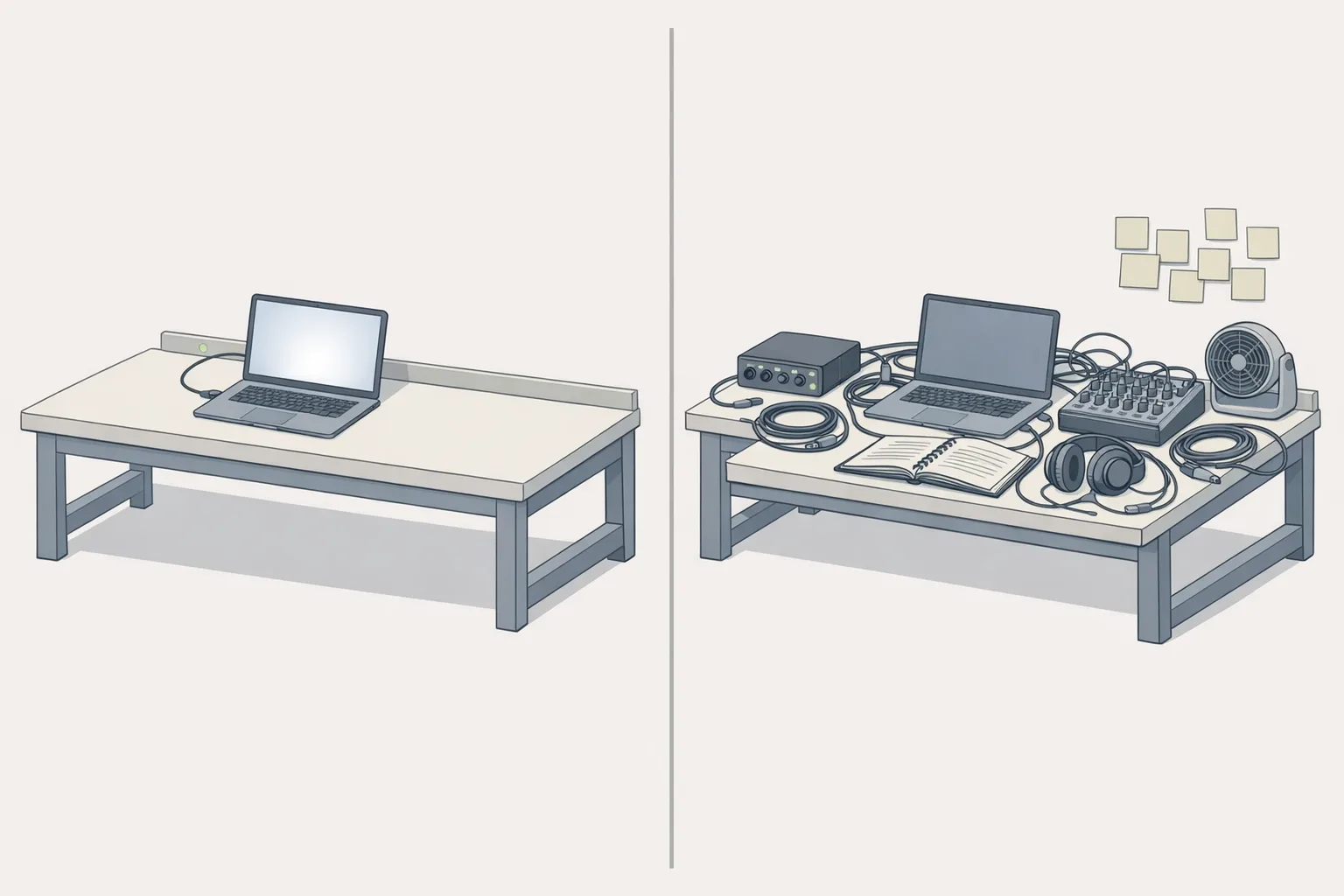 Illustration of two workbenches side by side, one minimal and ready with a single laptop and cable, the other covered in audio equipment, cables, and an open manual, representing the setup complexity difference between two live streaming tools