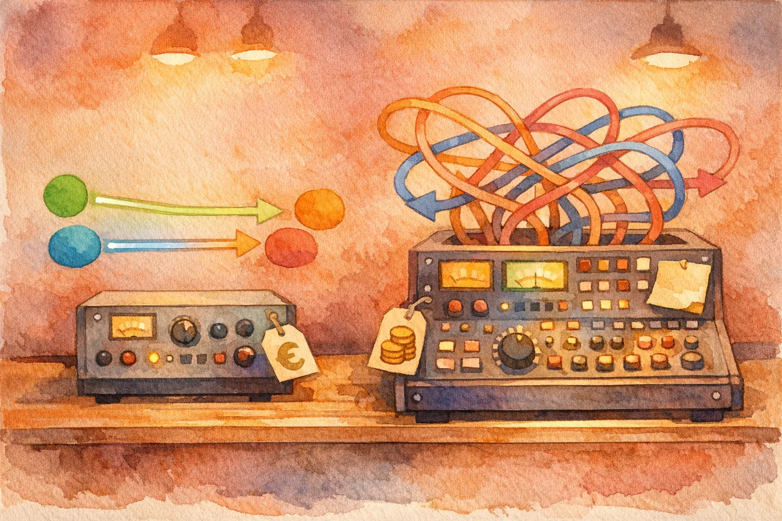 Illustration of two broadcast control panels side by side, one simple with clean signal arrows and one elaborate with tangled crossing arrows, representing the difference between two live streaming platforms