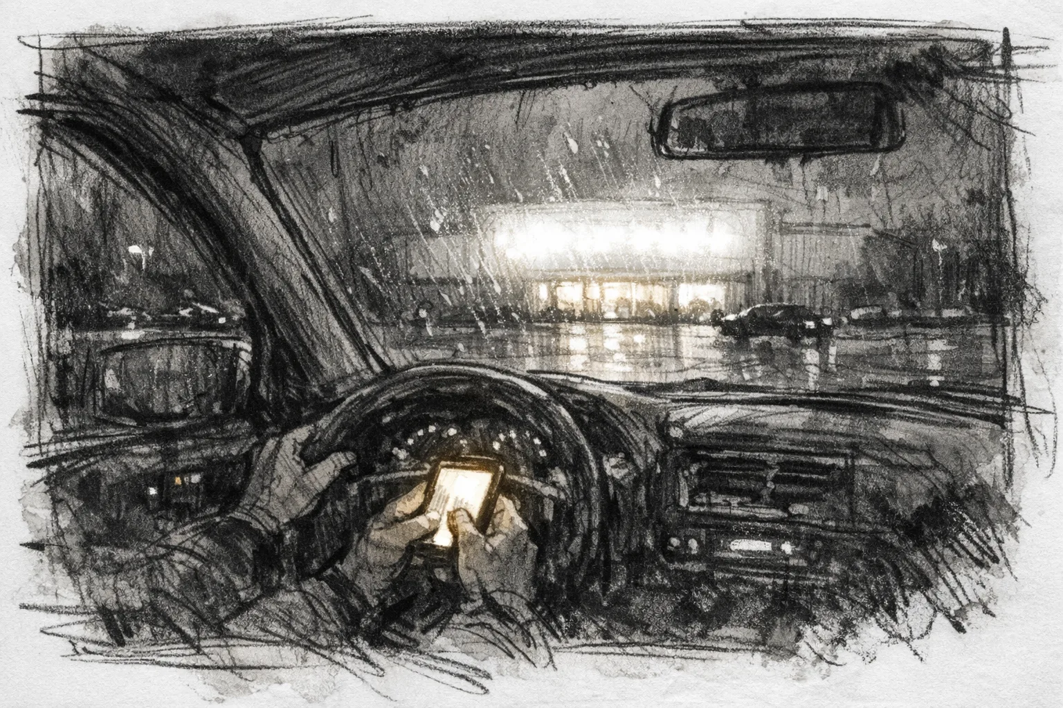 Expressive sketch illustration of a car parked alone at night outside a glowing storefront, hands visible on the steering wheel, phone light illuminating the dark interior, quiet and charged atmosphere
