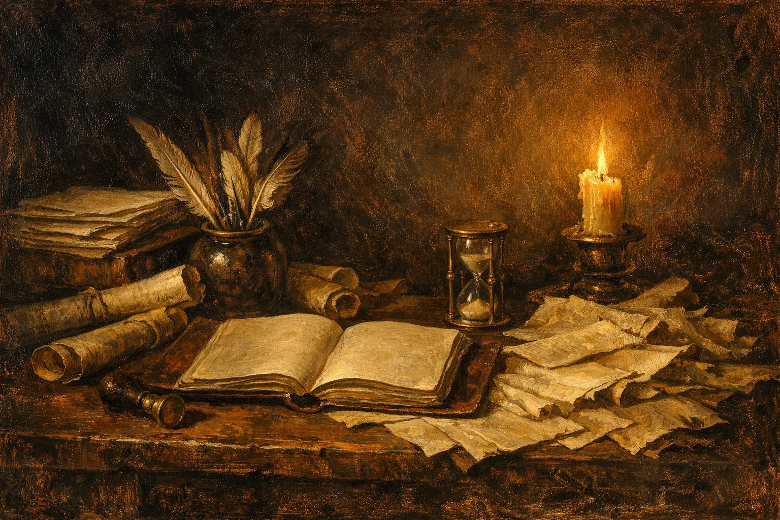 Baroque oil painting of a merchant writing desk with scattered parchment scrolls, quill pens, a flickering candle, and an hourglass in dramatic Rembrandt lighting
