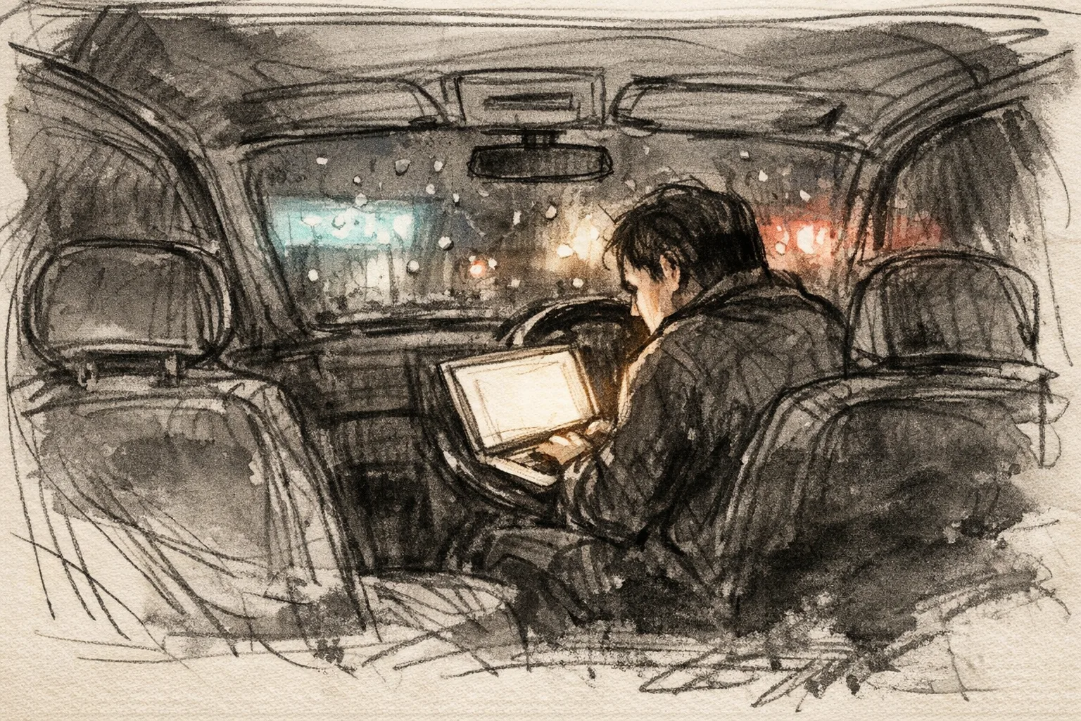Expressive pencil and ink sketch of a tired person sitting alone in a parked car at night, face lit by a laptop screen, rain on the windshield, storefront lights glowing faintly outside
