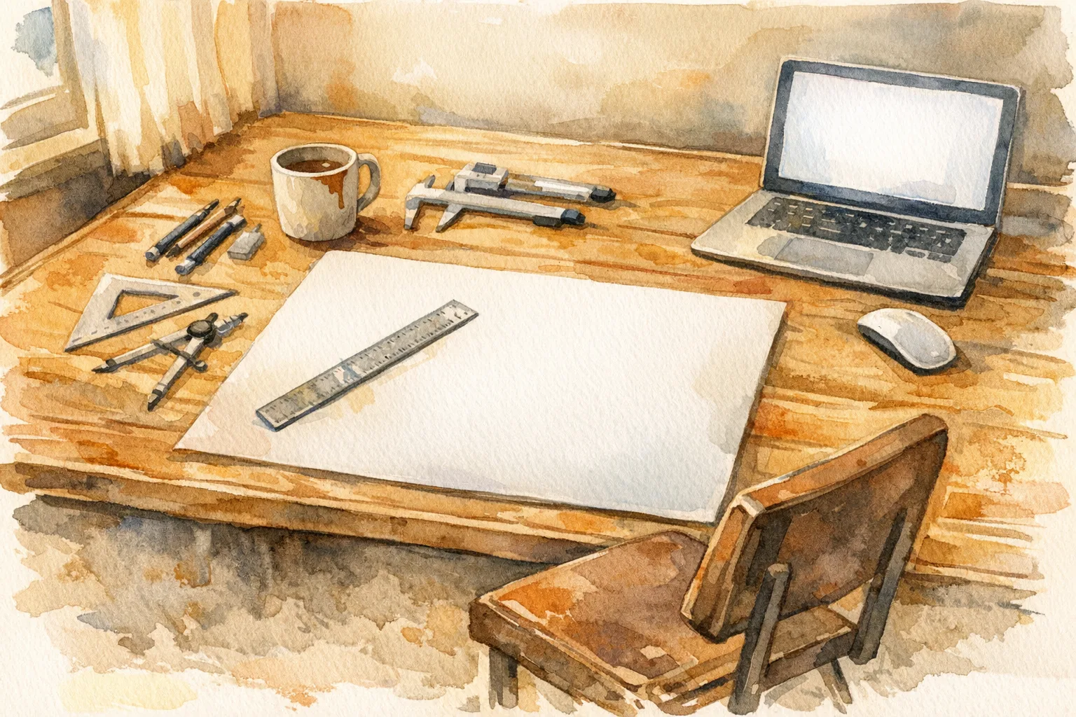 Watercolor illustration of a professional design workspace with a blank artboard on a drafting table, design tools slightly out of place, warm studio lighting, empty chair pulled back as if the designer just stepped away