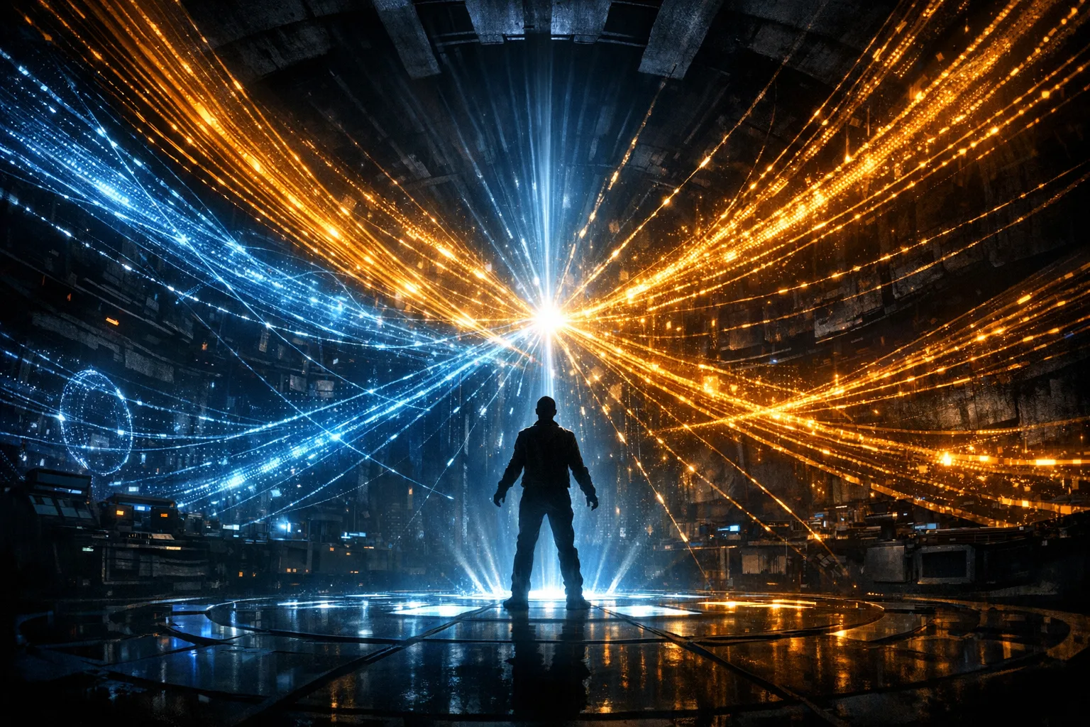 Dramatic sci-fi concept art of a lone figure in a dark command center surrounded by converging holographic data streams in blue and amber light